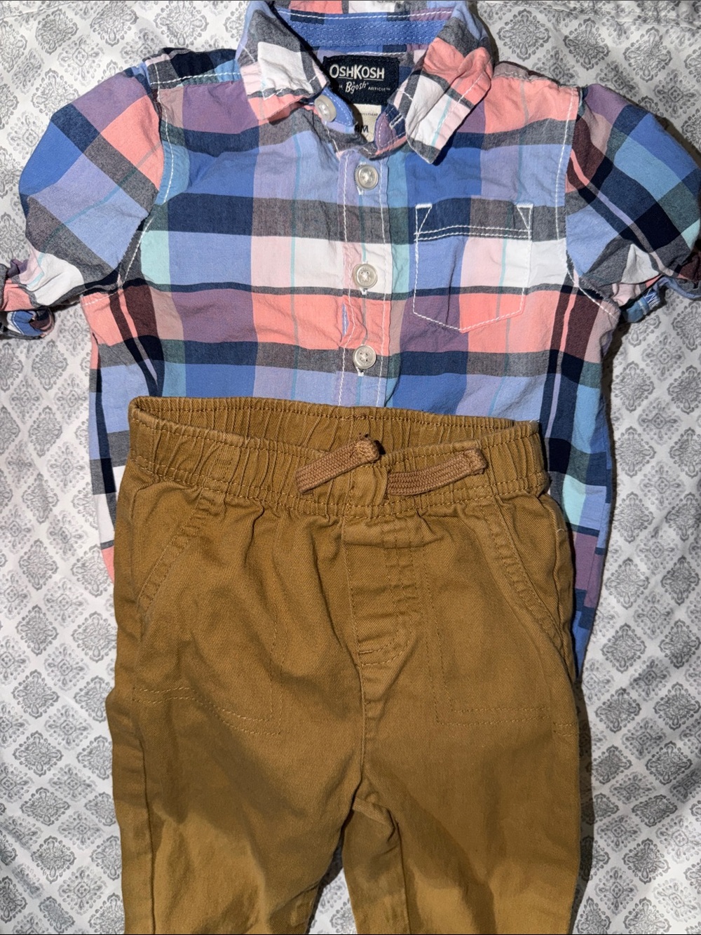OshKosh Plaid Button-Up with Tan Pants Set